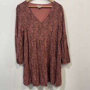 Lucky Brand Paisley Fall Long Sleeve V-neck Brown Tones Summer Mini dress Size L